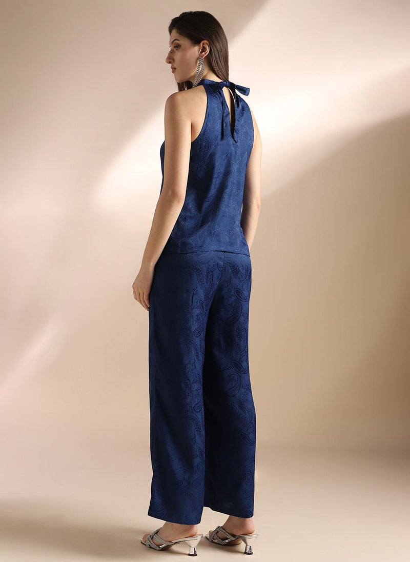 Globus Women Blue Halter Neck Self Design Sleeveless Top & Trousers Party Co-Ord Set - Image 4